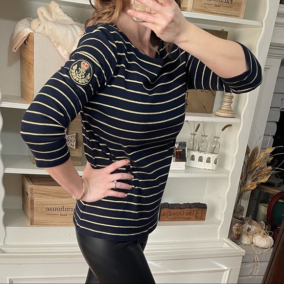 Lauren Ralph Lauren 3/4 Sleeves Navy and Gold Shirt - Picture 9 of 11